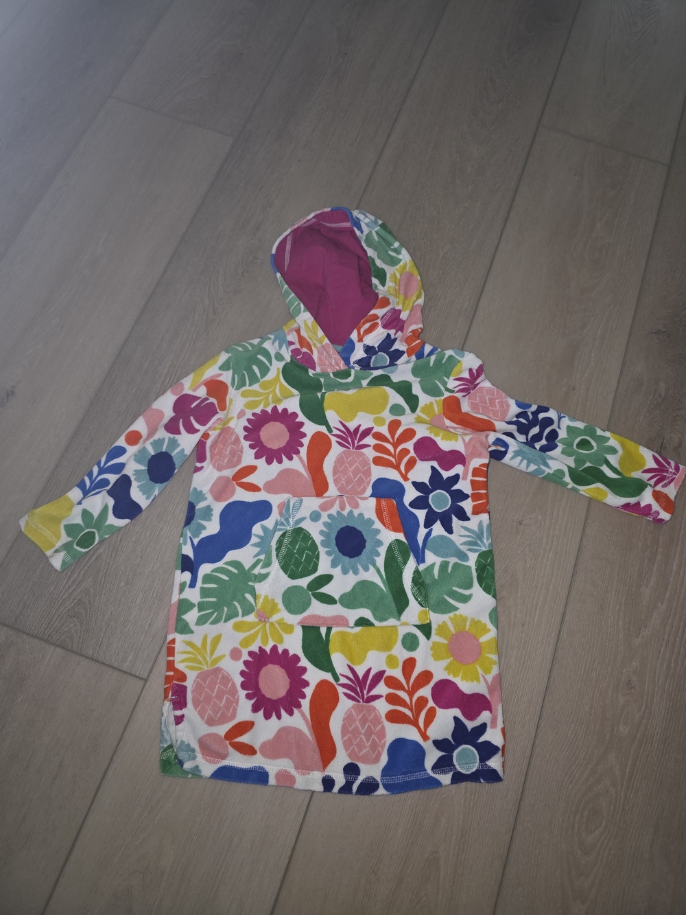 Boden Multicolor Floral Hoodie Dress with Pink Lined Hood